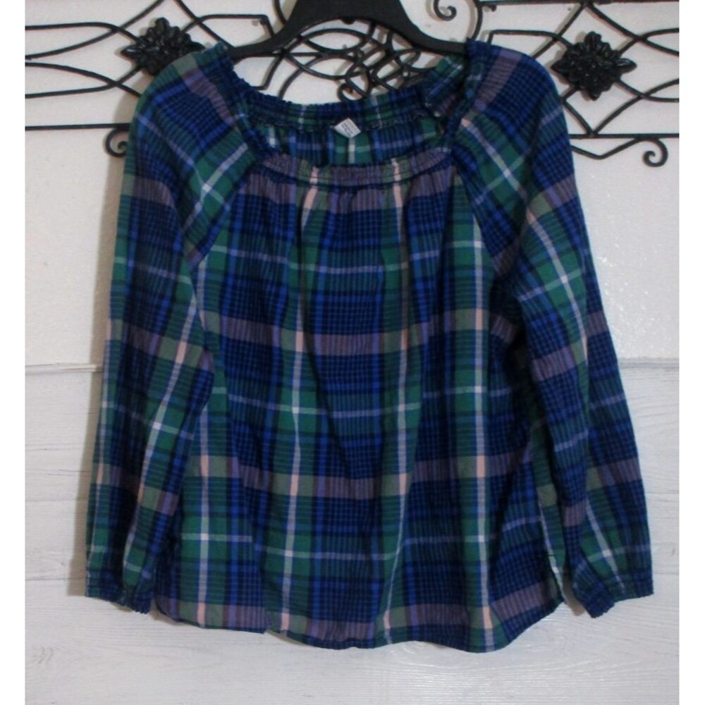 Old Navy Women's Boho Top Size L Long Sleeve Blue Plaid Round Neck